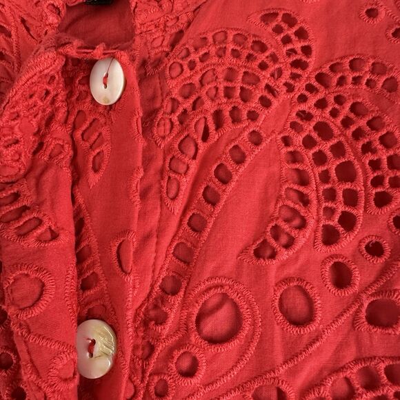 Farm Rio Red Eyelet Lace Palm Tree Belted Mini Dress Womens M Button Pockets - Picture 5 of 16
